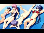  artemis_blue asami_asami ass barefoot bikini black_hair blue_hair feet game_cg highres letterboxed long_hair lying multiple_girls panties pink_hair short_hair slingshot_swimsuit sunbathing sunglasses swimsuit thong thong_bikini underwear 