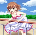  bare_shoulders blush brown_eyes brown_hair downblouse dress fang flat_chest flower hair_flower hair_ornament highres kamiko_to_seiryoku misaka_mikoto no_bra open_mouth short_hair skirt solo sundress to_aru_kagaku_no_railgun to_aru_majutsu_no_index 