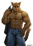  abs biceps big_muscles cat clothing feline fur jacket jeans looking_at_viewer male mammal maxima melchiore muscles nipples pants pecs plain_background solo topless white_background yellow_eyes 