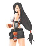  black_hair breasts earrings elbow_gloves female final_fantasy final_fantasy_vii fingerless_gloves gloves jewelry long_hair miniskirt red_eyes simple_background skirt solo suspenders tank_top tanktop tifa_lockhart tom_(pixiv409181) white_background 