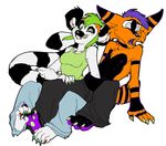  eyes_closed female green_hair hair holly_massey kaku lemur male one_eye_closed pants piercing pouch purple_hair short_hair singlet straight tail tank_top tongue topless zeriara_(character) 