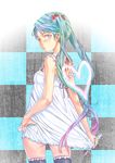  absurdres aqua_eyes aqua_hair blush earrings flower gradient_hair hair_flower hair_ornament hamu_no_jin hatsune_miku heart highres jewelry long_hair looking_back multicolored_hair purple_hair solo thighhighs twintails vocaloid zettai_ryouiki 