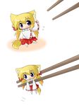  :3 animal_ears blonde_hair blue_eyes blush blush_stickers chibi chopsticks fox_ears fox_tail highres japanese_clothes koyomi_(shinshia) miko minigirl original shinshia solo tail twintails 