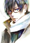  bad_id bad_pixiv_id bespectacled blue_eyes blue_hair cigarette glasses kaito male_focus red-framed_eyewear scarf smoking solo umu_(um) upper_body vocaloid white_scarf 