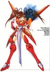  90s ahoge akitaka_mika armor armored_boots boots breasts brown_hair character_name cleavage elbow_gloves full_body ginga_ojou-sama_densetsu_yuna gloves greaves happy highres knee_boots leg_garter long_hair looking_at_viewer magic mecha_musume medium_breasts mizuno_yoko official_art open_mouth pauldrons pelvic_curtain purple_eyes red_armor ribbon scan simple_background smile solo twintails white_background 