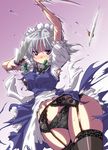  black_bra black_legwear blue_eyes blush bra garter_belt hips hirowa_nagi izayoi_sakuya knife lingerie maid_headdress panties silver_hair solo thighhighs thighs torn_clothes touhou underwear wide_hips 