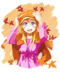  adjusting_clothes adjusting_hat bad_id bad_pixiv_id bakemonogatari blue_eyes cabbie_hat cosplay hat jacket jacket_on_shoulders kousaka_kirino leaf lolita_fashion monogatari_(series) orange_hair ore_no_imouto_ga_konna_ni_kawaii_wake_ga_nai sengoku_nadeko sengoku_nadeko_(cosplay) solo yas_(bejes) 