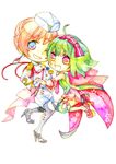  bad_id bad_pixiv_id blonde_hair bow chibi earrings green_hair hat holding_hands jewelry macross macross_frontier macross_frontier:_sayonara_no_tsubasa military military_uniform mizuyu multicolored multicolored_eyes multiple_girls one_eye_closed open_mouth ranka_lee sheryl_nome short_hair simple_background single_earring thighhighs uniform 