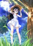  armpits arms_up black_hair blue_eyes blue_sky blush cloud day dress from_below gokou_ruri hands_on_headwear hat highres jpeg_artifacts kneehighs long_hair mary_janes mole mole_under_eye open_mouth ore_no_imouto_ga_konna_ni_kawaii_wake_ga_nai sakino_shingetsu shade shoes sky solo standing sun_hat sundress tree tree_shade white_legwear 