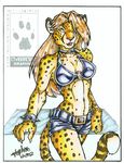  bikini bracelet cheetah claws collar feline hair jewelry looking_at_viewer midriff shiny shorts skimpy solo stephanie_stone tough walking yellow_eyes 