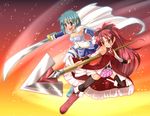  blue_eyes blue_hair cape food grin long_hair magical_girl mahou_shoujo_madoka_magica miki_sayaka multiple_girls nikyu pocky polearm red_eyes red_hair sakura_kyouko short_hair smile spear sword weapon 