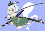  bacho barefoot flower hairband highres katana konpaku_youmu konpaku_youmu_(ghost) multiple_girls red_eyes saigyouji_yuyuko short_hair silver_hair sword touhou weapon 