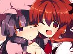  :d bad_id bad_pixiv_id blush cheek-to-cheek close-up face fang happy hat head_wings holding_hands interlocked_fingers koakuma long_hair matatabi_maru multiple_girls one_eye_closed open_mouth patchouli_knowledge purple_eyes purple_hair red_eyes red_hair smile touhou wavy_mouth wince 