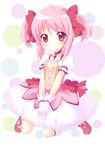  bad_id bad_pixiv_id bubble_skirt choker gloves highres jewelry kaname_madoka liong magical_girl mahou_shoujo_madoka_magica pendant pink_eyes pink_hair puffy_sleeves red_choker shoes short_hair short_twintails sitting skirt smile solo twintails v_arms wariza 