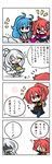  4koma :d :o ? ahoge blue_hair blush comic cosplay costume_switch fang flower grey_hair hair_flower hair_ornament highres horns multiple_girls one_eye_closed open_mouth pixiv_fantasia pixiv_fantasia_5 ponytail red_hair smile translation_request white_hair yanagi_(nurikoboshi) yellow_eyes |_| 