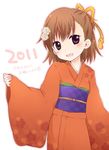  2011 bad_id bad_pixiv_id brown_eyes brown_hair furisode japanese_clothes kimono misaka_mikoto nae_(rno) new_year solo to_aru_kagaku_no_railgun to_aru_majutsu_no_index 