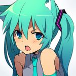  animal_ears aqua_eyes aqua_hair bad_id bad_pixiv_id cat_ears fang hatsune_miku isogasimazin kemonomimi_mode long_hair lowres portrait solo twintails vocaloid 