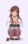  brown_eyes brown_hair business_suit buu_(butyu) clerk_(pokemon) long_hair lowres npc npc_trainer office_lady_(pokemon) pantyhose poke_ball pokeball pokemon squatting 