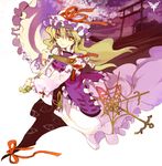  blonde_hair bug butterfly closed_fan dress eyes fan folding_fan gap hat insect light_smile ninomoto parasol silk smile solo spider_web torii touhou umbrella yakumo_yukari yellow_eyes 