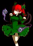  animal_ears bow braid cat_ears cat_tail extra_ears glowing grin hair_bow hecchi_(blanch) kaenbyou_rin leg_up multiple_tails paw_pose red_eyes red_hair short_hair skull smile solo tail teeth touhou twin_braids twintails 
