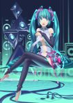  anklet aqua_eyes aqua_hair bare_shoulders barefoot bridal_gauntlets crossed_legs elbow_gloves fingerless_gloves gloves hands_clasped hatsune_miku hatsune_miku_(append) highres izumi_sai jewelry legs long_hair long_legs navel necktie own_hands_together sitting solo speaker thighhighs thighs toeless_legwear twintails vocaloid vocaloid_append 