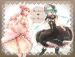  alternate_costume aqua_eyes aqua_hair bare_shoulders bonnet bow dress dual_wielding elbow_gloves finger_to_mouth gloves hair_bow hatsune_miku holding lace lolita_fashion long_hair megurine_luka multiple_girls one_eye_closed petticoat pink_hair smile striped striped_legwear sword thighhighs tsukudato twintails very_long_hair vocaloid weapon 