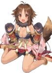  1girl absurdres bike_shorts blush breasts brown_eyes cleavage commentary_request dark_skin dog_tail gauntlets highres kyan_kaori large_breasts long_hair looking_at_viewer midriff navel open_mouth paws princess_connect!_re:dive ribbon sandals simple_background sitting solo tail white_background 