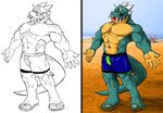  beach claws dragon fangs grin horns looking_at_viewer male muscles open_mouth presenting reptile scalie seaside solo standing sunglasses swimsuit tail timberwolfmax tongue 