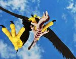  annietheeagle avian bird black_claws claws crushing dinosaur eagle eaglefeet feral gryphon hi_res low-angle_shot midair perspective raptor scalie scared stomping talons toes worm's-eye_view 