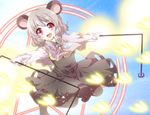  :d animal_ears bad_id bad_pixiv_id blue_sky blush danmaku dowsing_rod glowing grey_hair highres kuromame_(8gou) mouse_ears nazrin open_mouth outstretched_arms red_eyes sky smile solo spread_arms touhou 