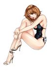  breasts brown_eyes brown_hair casual_one-piece_swimsuit cleavage crossed_legs hanamura high_heels legs long_legs medium_breasts one-piece_swimsuit open_toe_shoes original shoes short_hair sideboob sitting solo swimsuit 