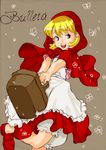  apron bare_arms basket blonde_hair blue_eyes bob_cut bug bulleta butterfly character_name dress full_body hood insect mike_neko3 red_dress shawl shoes short_hair simple_background smile solo vampire_(game) 