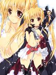  bardiche blonde_hair blush breasts cape cleavage fate_testarossa finger_to_mouth gloves long_hair lyrical_nanoha mahou_shoujo_lyrical_nanoha_strikers masturbation mitsuki_mantarou red_eyes skirt small_breasts solo thighhighs twintails very_long_hair wind 