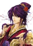  braid chinese_clothes flower fushigi_yuugi hair_flower hair_ornament hair_over_shoulder hanfu light_smile long_hair male_focus mole mole_under_eye nuriko_(fushigi_yuugi) opiu otoko_no_ko purple_eyes purple_hair red_flower red_rose rose single_braid smile solo upper_body 