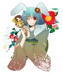  animal_ears bambina beatrice blue_hair bunny_ears cameo chiester410 flower hair_ornament japanese_clothes kimono one_eye_closed red_eyes short_hair solo umineko_no_naku_koro_ni ushiromiya_battler 