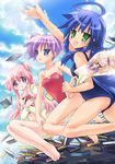  barefoot bikini blue_eyes blue_hair book casual_one-piece_swimsuit double_bun feet green_eyes highres hiiragi_kagami hiiragi_tsukasa hood hoodie izumi_konata jumping long_hair lucky_star mole mole_under_eye multiple_girls name_tag nyanmilla one-piece_swimsuit pink_hair ponytail purple_eyes purple_hair school_swimsuit swimsuit takara_miyuki 