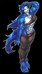  belt biceps big_breasts blue blue_fur blue_hair bokuman breasts canine clothing female fur hair halter_top hopey lupine mammal muscles muscular_female pants solo wolf 