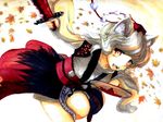  animal_ears bad_id bad_pixiv_id detached_sleeves fangs hat inubashiri_momiji kinohanaomise leaf maple_leaf open_mouth red_eyes shield short_hair silver_hair solo sword tokin_hat touhou traditional_media weapon wolf_ears 