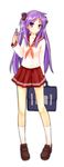  :&lt; arm_behind_back bad_id bad_pixiv_id bag frown hair_ribbon hair_twirling hiiragi_kagami ld_(bearbellld) long_hair lucky_star nervous pink_neckwear pleated_skirt purple_eyes purple_hair ribbon ryouou_school_uniform school_bag school_uniform serafuku simple_background skirt solo tsurime twintails 