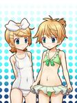  bikini blonde_hair blush bow brother_and_sister child crossdress crossdressing flat_chest green_eyes hair_bow hair_ornament hair_tie hairclip kagamine_len kagamine_rin navel one-piece_swimsuit open_mouth ponytail school_swimsuit short_hair siblings small_breasts swimsuit trap twins vocaloid 