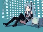  aqua_eyes aqua_hair cyan food hatsune_miku headphones kanzaki_hiro tabgraphics thighhighs twintails vocaloid 