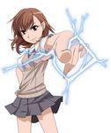  armpits biribiri brown_eyes brown_hair electricity foreshortening hands hayashi_custom highres misaka_mikoto school_uniform short_hair solo sweater_vest to_aru_kagaku_no_railgun to_aru_majutsu_no_index 