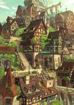  bridge bush cat cityscape day half-timbered highres medieval no_humans original scenery sebascha sky stairs town tree 