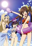  3girls ;d bikini black_hair blonde_hair blush bracelet breast_suppress breasts brown_hair cecilia_alcott cleavage drill_hair fang_lin_yin flat_chest hair_ribbon hairband huang_lingyin infinite_stratos innertube large_breasts navel nyantype open_mouth ponytail sarong shinonono_houki sky smile swimsuit sword twintails wink 