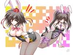  adapted_costume animal_ears bare_shoulders black_hair bow bowtie breasts brown_hair bunny_ears bunny_tail bunnysuit cleavage danshaku fishnet_pantyhose fishnets geta hair_ribbon hat high_heels himekaidou_hatate large_breasts long_hair multiple_girls necktie one_eye_closed pantyhose purple_eyes red_eyes ribbon shameimaru_aya shoes short_hair tail tengu-geta tokin_hat touhou twintails wrist_cuffs 