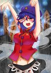  armpits arms_up blue_hair blush breasts colored_eyelashes covered_nipples fang graveyard grey_eyes groin hair_over_one_eye hat jiangshi large_breasts looking_at_viewer miyako_yoshika navel ofuda open_mouth outstretched_arms revision roki_(hirokix) sleeveless smile solo sotoba spirit star touhou 