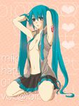  adjusting_hair aqua_hair areola_slip areolae armpits arms_up blue_eyes breasts face hatsune_miku heart long_hair mdk navel open_clothes open_shirt shirt sitting skirt small_breasts solo twintails very_long_hair vocaloid 