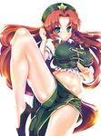  blue_eyes braid fighting_stance hat hong_meiling leg_lift long_hair midriff navel no_socks red_hair solo teruru touhou twin_braids 