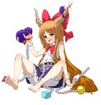  absurdres bare_shoulders barefoot belt bloomers blush bow brown_eyes chain drunk feet full_body gourd hair_bow highres horns ibuki_suika long_hair open_mouth orange_eyes orange_hair paprika_(artist) ribbon sitting solo squinting touhou transparent_background underwear uneven_eyes very_long_hair 