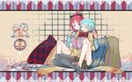  bare_legs barefoot bed blue_eyes blue_hair book casual chibi chibi_inset cup feet flelincw food hair_ornament hairclip highres leaning_back long_hair mahou_shoujo_madoka_magica miki_sayaka multiple_girls pantyhose pillow pocky ponytail reading red_eyes red_hair sakura_kyouko school_uniform short_hair shorts sitting teacup yuri 